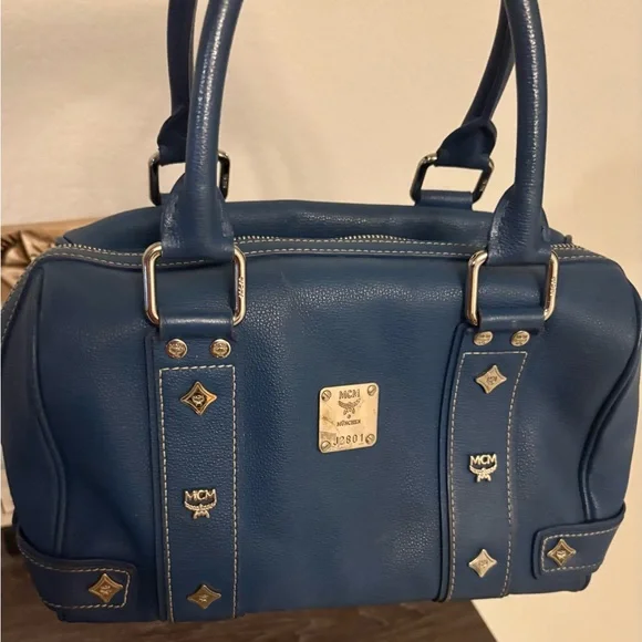 MCM Blue Leather Boston Bag with Silver Accents - Picture 9 of 13